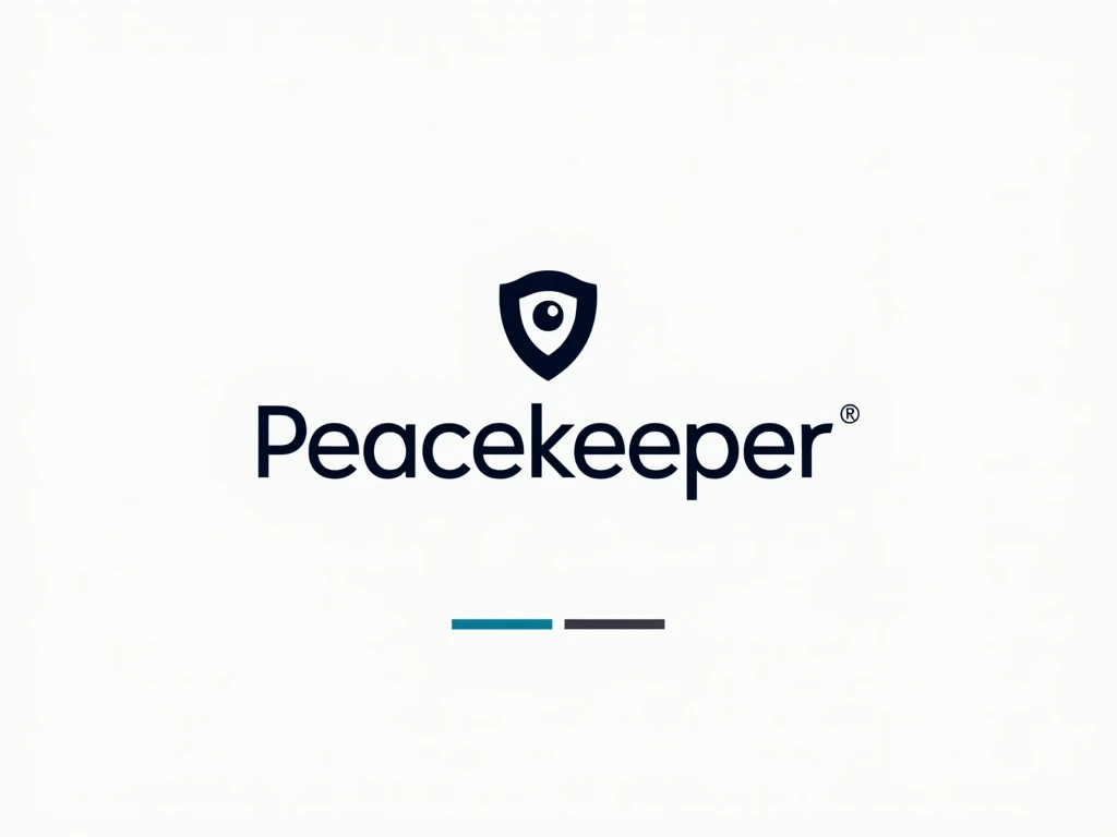 Simple logo of a smart camera called "Peacekeeper ", that includes the name and a minimalist camera