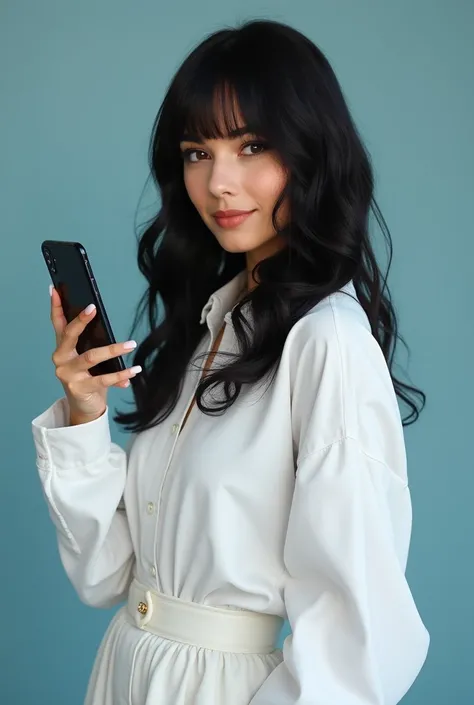 CREATE THE IMAGE OF A WOMAN WITH STRAIGHT WAVY HAIR IN BLACK, WITH A CHANEL FRINGE CUT, SHE WEARS LOOSE AND ELEGANT CLOTHES IN WHITE AND TIFANY BLUE, SHE HAS A CELL PHONE IN HAND MAKING A POSE FOR A PHOTO SHOOT