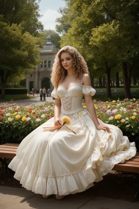 A stylized, romantic woman with loose, flowing fluffy curly blond hair, wearing soft romantic colored clothes made from tulle, ribbons and lace, sitting on a bench in a park square, surrounded by many Whimsically beautiful flowers. Ethereal background with...