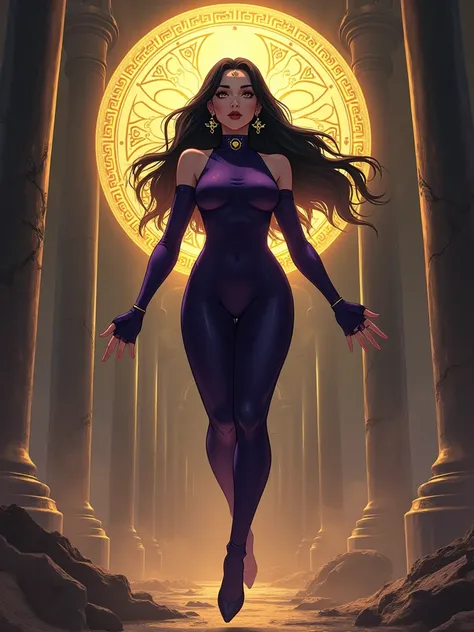 A **mature woman named Hecate**, clad in a sleek, **high-collared dark purple jumpsuit**, radiating mystery. Her hands, adorned with fingerless gloves, hover mid-air as her body floats off the ground. Her **long black hair flows aimlessly**, seeming alive,...