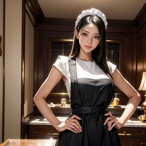 A mature and witty maid,medium-length straight black hair, a warm yet slightly cunning smile, wearing a traditional and elegant maid outfit with a white apron and headpiece, exuding confidence in her role as a senior servant, background set in a classical ...