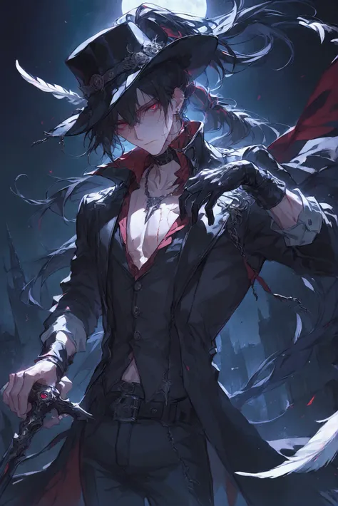 Illustration, top quality, pixiv illustration, very detailed, animated, (((alone)) (male), black hair, long hair, silver earrings, red necklace, red eyes, nightly city background, dramatic lighting, hunter, ponytail, black cowboy hat, one soft black feathe...