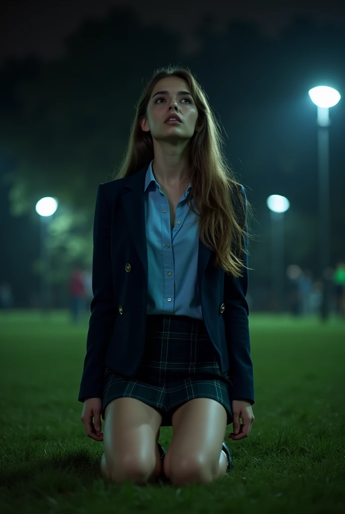 You are in a south london park late at night. The park is dimly lit up with street lamps. Realistic photo of a petite hot teen kneeling in the grass and “looking up towards the viewer”. She has long hair. ““She looks scared””. She is wearing “a dark blue b...