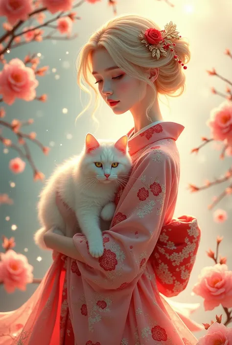  Beautiful blonde Goddess Girl with sparkles and Japanese hair ornaments,  yukata with cherry blossom and rose print , white cat in her arms 