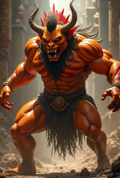 Aztec god in position to attack ,  powerful and important orange color his skin with red stripes on his skin