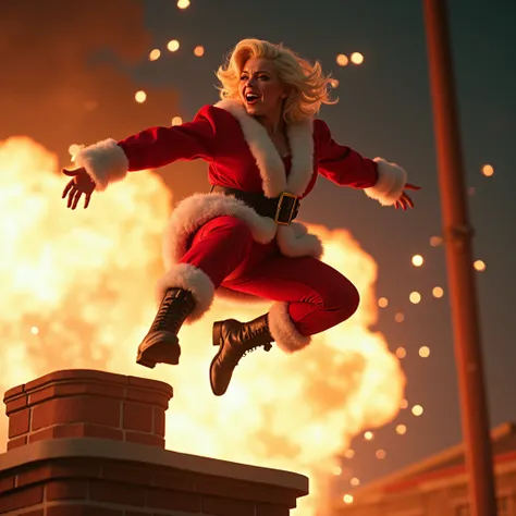 text that says ("O HOLY SHIT!") movie title, female stuntwoman Platinum blonde.beautiful Marilyn Monroe-esque dressed like a Marilyn Monroe esque actress official Santa Claus costume santa red pants , and black Santa Claus boots, flying out of an exploding...