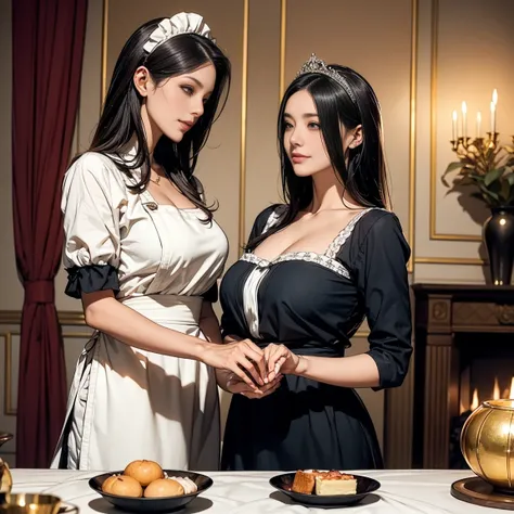 A mature and elegant lady,graceful smile, long slightly wavy black hair, large breasts, wearing a traditional and sophisticated maid outfit, white apron and headpiece, exuding a mix of warmth and confidence, background set in a classical mansions living ro...