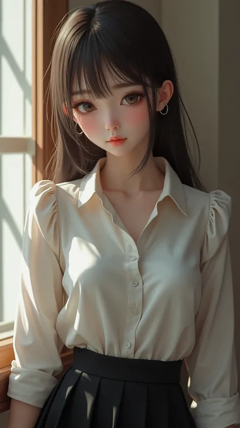 best quality, ultra high res, (photorealistic:1.4), 1girl,1boy,button shirt, black skirt, school, dark brown hair, breasts, (blonde hair:1.2), looking at viewer, (highly detailed face:1.1),,  (PureErosFace_V1:0.8),tiktok,  