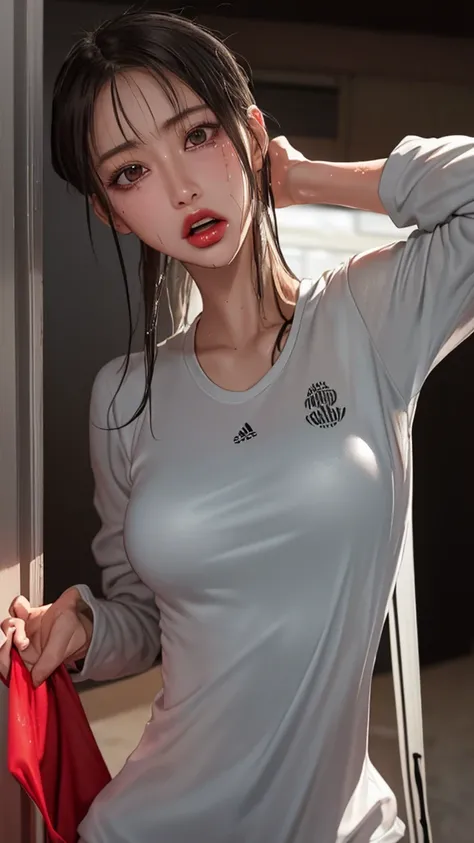 locker room, Tracksuit ,(Thin type:1.5),( Big Breasts ),( Search 。 hairstyle is random ),( highest image quality taken by Ki,(8k),  super real , 最 High Quality ,  High Quality ,   high definition ,   high quality texture with clothes on,  high details,  be...