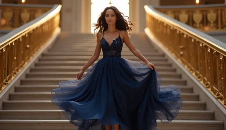  of a 15-year-old teenager ,  of white skin and medium dark brown hair ,  celebrating her 15th birthday .  She is wearing a large and elegant dress , dark blue,  with delicate and flowing details .  The teenager is descending a large and imposing staircase...