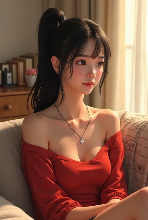 A young woman with long, dark hair tied back in a sleek ponytail sits comfortably on a plush sofa adorned with a patterned throw. She is dressed in a vibrant red, off-the-shoulder top that accentuates her relaxed posture. A delicate necklace with a small p...