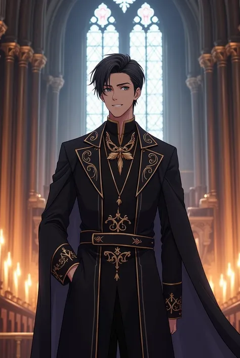  Middle-Aged Lord, church clergyman , With short black hair, attractive and semi-anime style WITHOUT BEARD 
