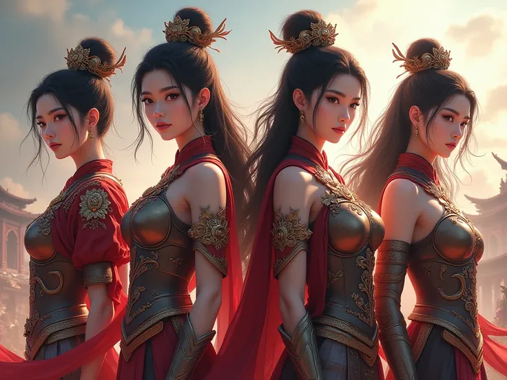 I want to gender swap 4 of dynasty warriors character. Sun Jian, Cao Cao, Liu Bei, and Yuan Shao. Make them to be a young beautiful woman. And make them wear a sexy armor