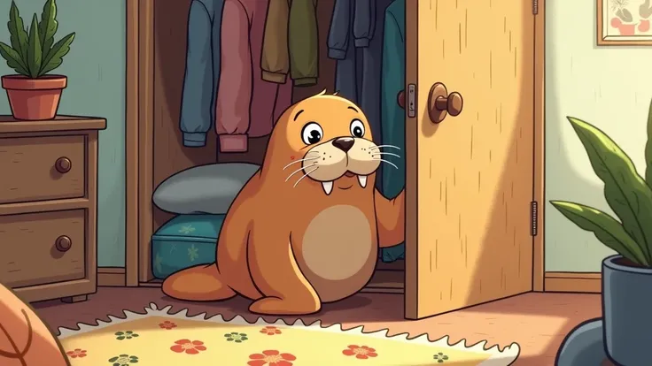 The closet in the room is open、 cute illustration of a walrus looking at it。