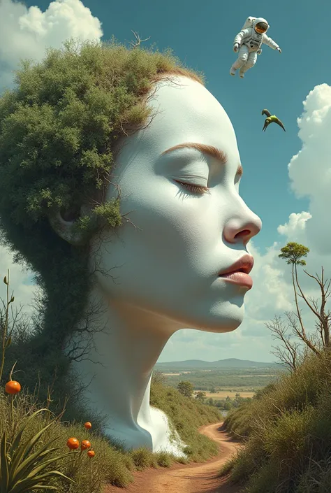 Surrealism African face completely painted white merges with African nature next to a zebra in the sky, an astronaut is flying on earth, there is a green alien 