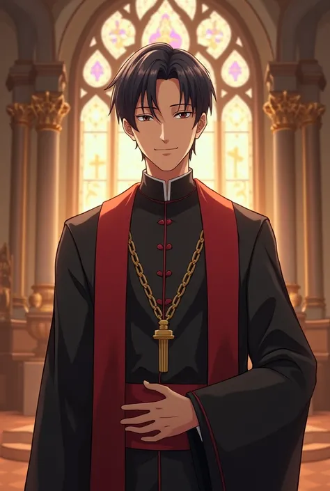 adult sir, church clergyman , With short black hair, attractive and semi-anime style WITHOUT BEARD 
