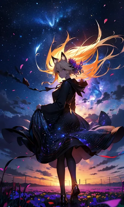 １people々,Woman with medium length blonde hair，Fox Ears，Long coat，Takageta， Dress Silhouette， Rear View，Space Sky, Flower Field，Countless meteor showers，Colorful flowers，Dancing Petals，