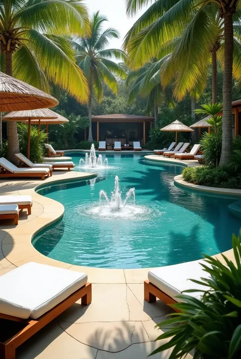  A luxurious pool area in a tropical setting .  The pool has a soft shape and is surrounded by palm trees and lush green vegetation.  Comfortable sun loungers are arranged around the pool , some under straw umbrellas .  There are water fountains that gush ...