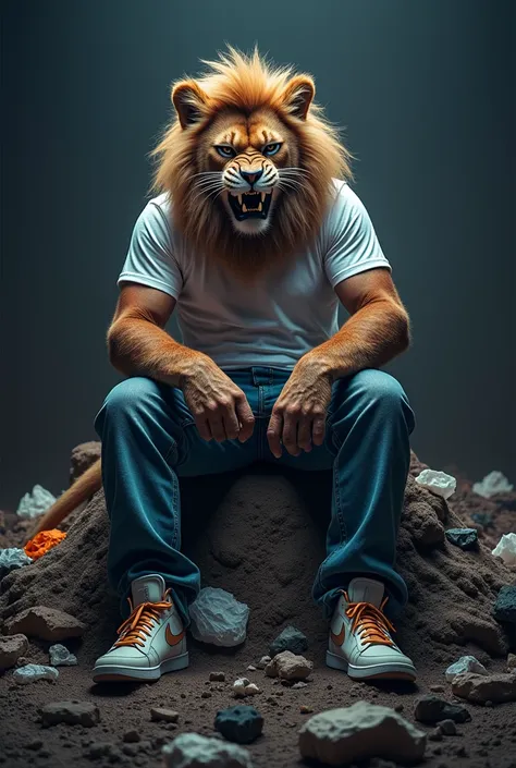 hybrid animal, lion with human, super hairy, angry, wearing jeans, white t-shirt, with expensive sneakers, sitting with an angry face, on top of a mountain of garbage, gangster style, street, fashionable clothes giving a lot of prominence to the dark backg...