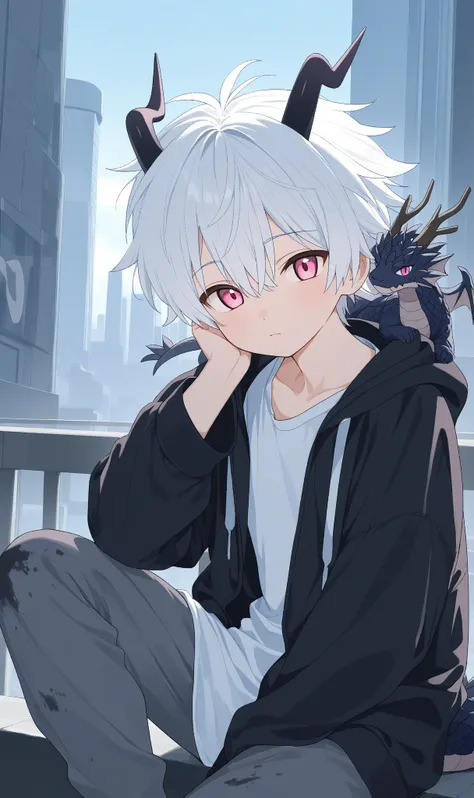 1boy,Pink Eyes,dragon horns on side of head,white hair,white ends of hair,muliticolored hair,looking at viewer,cute boy,white shirt,city,Anime, Anime Style,13year old boy, full body,sitting on ledge,dirty clothes,dragon tail,dragon scales on shoulder,overs...