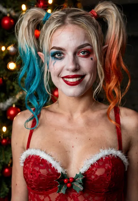 Margot Robbie as Harley Quinn (pig tails, crazy make up, sexy Christmas elf outfit (lots of skin), blood spatter on her, bloody mallet) crazy sexy approach viewer mallet raised
