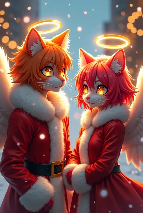 humanoid cat,fictional anime character .
   Beautiful Cat Man and Beautiful Cat Woman , red hair , Big beautiful yellow eyes , angel wings and a halo on her head .
 They are happily celebrating Christmas , dressed as bold and innovative Santa Claus  ,surro...