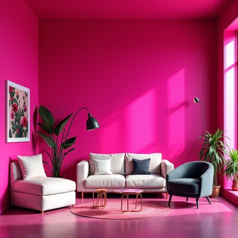 Room decorated with bright Pantone magenta as the base color