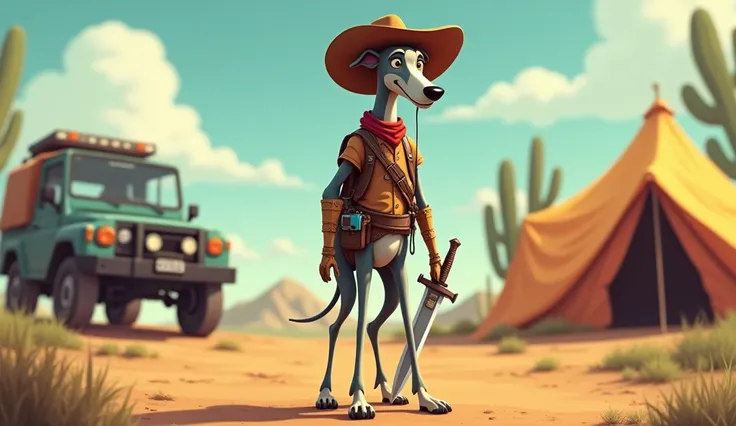 a cartoonish Greyhound with western hat on, camera around the neck, standing and holding a sword. Tent and 4x4 in the background, cinematic, dramatic angle


