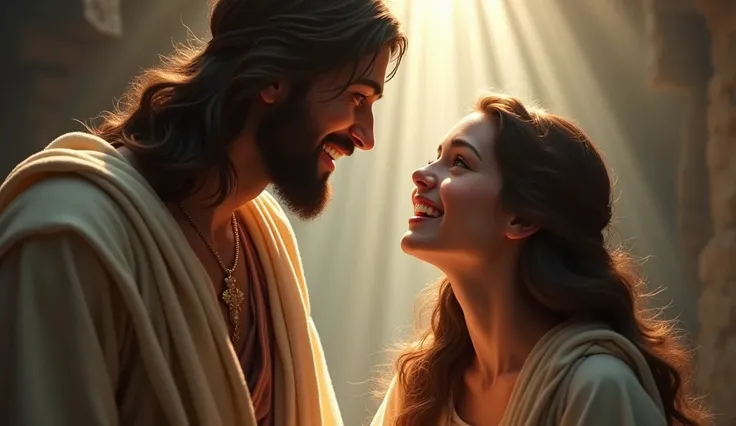 Happy Mary Magdalene looking at the resurrected Jesus,  REALISTIC IMAGE