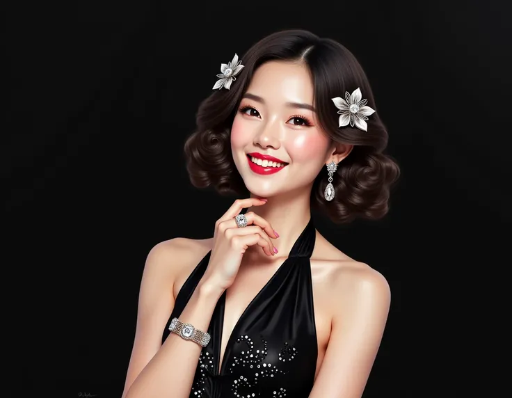 An oil painting of an elegant beautiful asian woman with glowing white skin, styled with a curly bob adorned with silver hairpins arranged in a floral pattern. She is dressed in a black halter dress with shimmering sequin details, exuding glamour and charm...