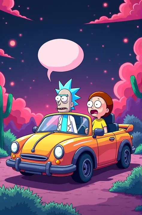 cartoon characters in a car with a speech bubble above them, in rick and morty art style, rick and morty style, style of rick & morty, 8 k cartoon illustration, vaporwave cartoon, video game fanart, gorillaz phase 1, from rick and morty, videogame still, 2...