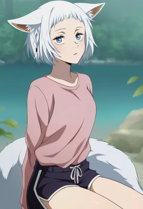 Jujutsu Kaisen screen cap anime style woman with short hair white hair shinny hair fox woman big fox ears white fox ears ears down ears flop blue eyes colored white eyeleahes one single braid Cutted short bangs shorts bangs score_9_up, score_8_up, masterpi...