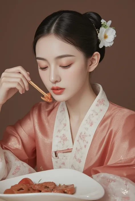 1 woman,Alone, Korea Joseon Dynasty Neat Hairstyle,Tailor-made stylish hanbok , realistic,lips,parted lips, exposed nipples ,dinner, blurry background ,Zitome,Exquisite Korean Joseon Dynasty Background ,