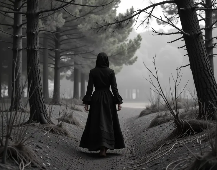 In a hauntingly beautiful black and white ultrawide photograph, a young gothic woman strides through a shadowy pinewood forest, her long black Victorian dress billowing softly around her. The intricate lace details of her gown contrast starkly against the ...