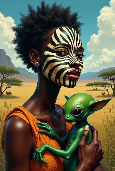 An African womans face is completely painted in the style of a zebra in Africa holding a green alien  in her arms