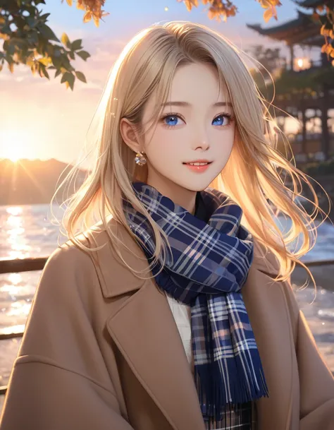 (​masterpiece),( top quality:1.2), one girl ,(Masseter muscle area:1.3), elaborate detail ,  top qualityの8K解像度,  Ultra Details ,  realistic ,  bright colors , Soft Tone,  with warm and gentle lighting,( beautiful plaid scarf :1.3),( Pretty Pink Ruffle Bow ...