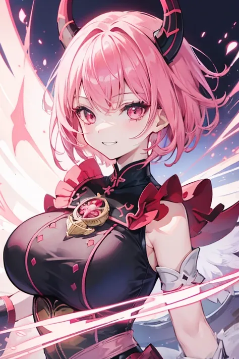  1 girl ,  pink hair, Red eyes,  high definition , anime, Character portrait,Genshin Impact、 Bright Eyes ,  smiles, Grin,solo,  Big Breasts ,  very short hair ,  deco bangs, Devil horns, Big Sword