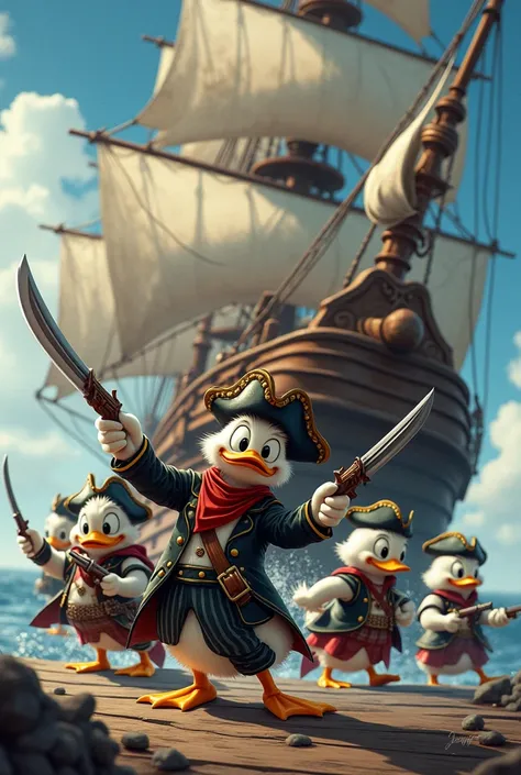 A flock of ducks wearing pirate clothes holding sword and musket with big ship as background