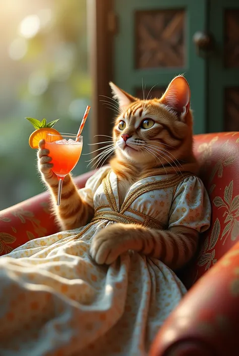 For 2025 without stress and many trips image of a cat drinking a cocktail with its hands and a hyperrealistic travel dress cinematographic photography 