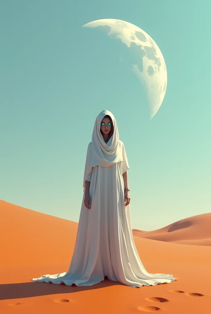  Distant woman wearing a white hood leaving her face covered in shade, her eyes shine in an intense blue . She is standing in the middle of an orange desert ,  the sky is pale blue and dark with a few distant moons .