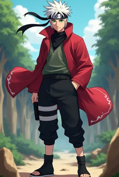  make a fictional male character inspired by the ANIME NARUTO,  his hair is white , Does he have a Senju clan bandana, green eyes,  red clothes and black pants , black sneakers , He is a  , Do it standing