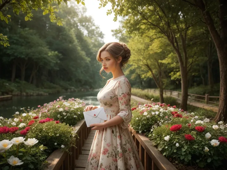 Scene description:  Sofia walks through a secret garden in the morning ,  with flowers surrounding it and a stream in the background . She holds a letter in her hand ,  as she seems to contemplate what is written .

Prompt para Imagem:
"a 29 year old woman...