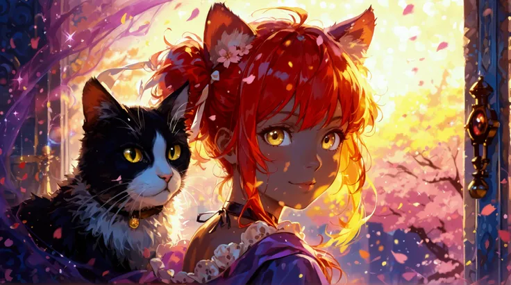 (((dark brown skin))),high contrast, HDR, colorful colors, more sharpness, red hair, cute face, adorable face, yellow eyes, white ribbon in the hair, twintails, red hair, more red hair, super red hair, wizard, magic, mage, cat watching the camera, casting ...