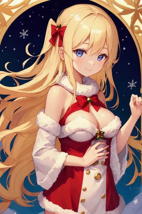 1girl in、 A smile、Blonde、cute、 The body is facing forward、Eyes looking straight ahead、whole body、Beautiful breasts、 Santa Claus、 Christmas、I have a present in my hand