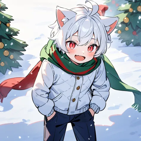 （masterpiece：1.2，high quality），8k，High resolution，A seven-year-old boy，cute boy，white hair，short hair，light red eyes，slit pupils， ahoge，cat ears，laughing， skin fang，Wearing a white coat，scarf，Dark blue pants，Christmas ，Christmas tree，Gift，primary school st...