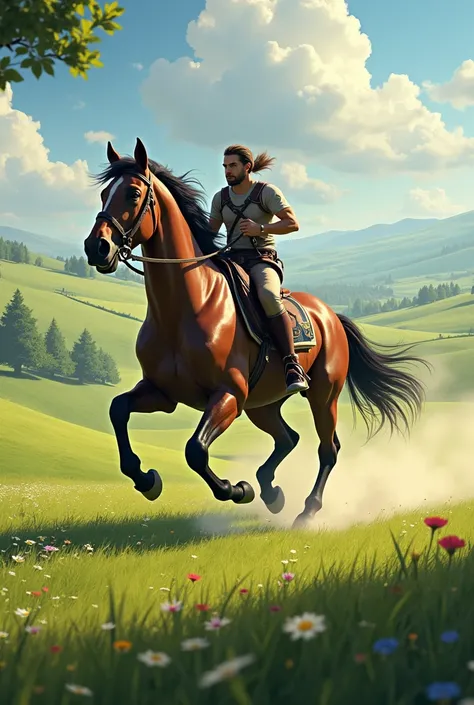 horse running with the rider through meadows and fields 