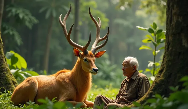 an elderly Indonesian grandfather aged 65 sitting next to a huge golden antelope in the middle of the forest 