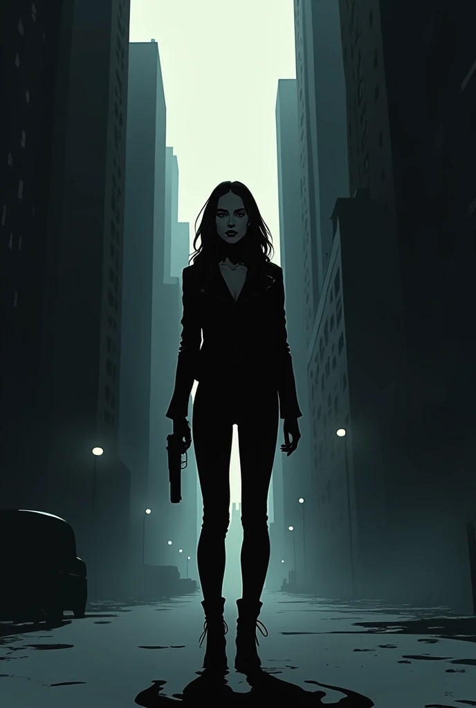 Comic book style art, a minimalist silhouette of a young woman in a metropolis, in the classic noir style. She is holding a pistol with a firm and determined posture. The setting is a dark city, with deserted streets and tall buildings. The environment con...