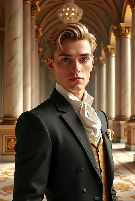 Young blond man with brown eyes in a palace 