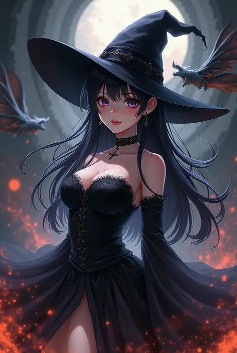  Make an anime girl with a beautiful body, with long black hair,  with black eyes ,  that wears an all-black witchs hat , and with a black cross earring ,  with a very beautiful black dress ,  with a background of black magic with dragons, Praying on your ...